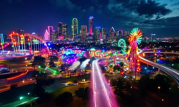 Dallas Skyline at Night with State Fair Illumination