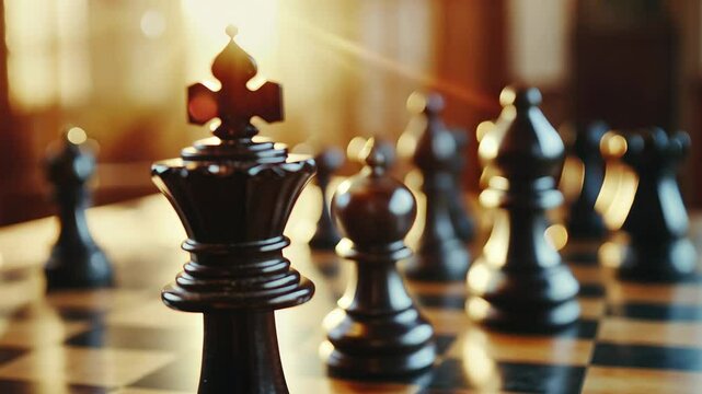 Vintage chess set captures the essence of a strategic game with soft lighting and a warm atmosphere, Flight of the camera between vintage chess Super macro close up