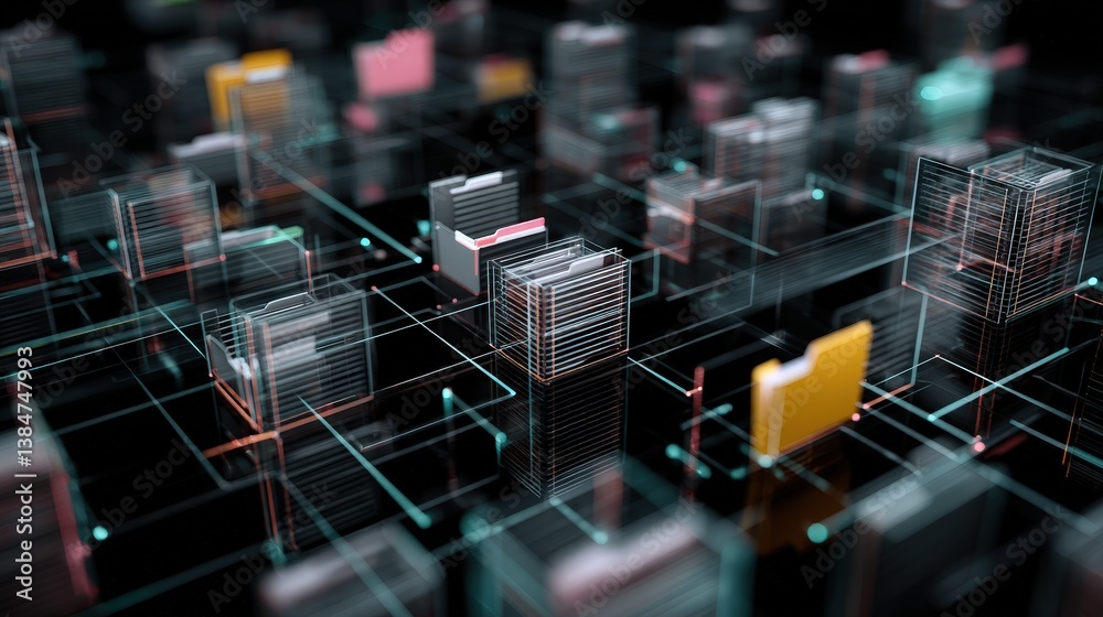 Poster abstract network grid with files and folders, futuristic software interface, digital document manage