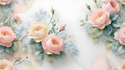 A soft, seamless floral pattern featuring hand-drawn roses, daisies, and delicate leaves in pastel tones on a white watercolor background.