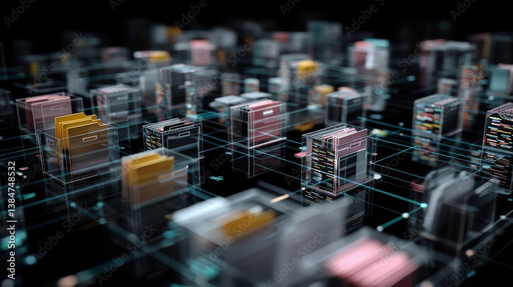 Poster abstract network grid with files and folders, futuristic software interface, digital document manage