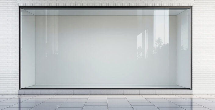 Empty storefront window display with clean glass and white brick wall background, minimal layout concept for advertising, branding or design mockup. Ai generative