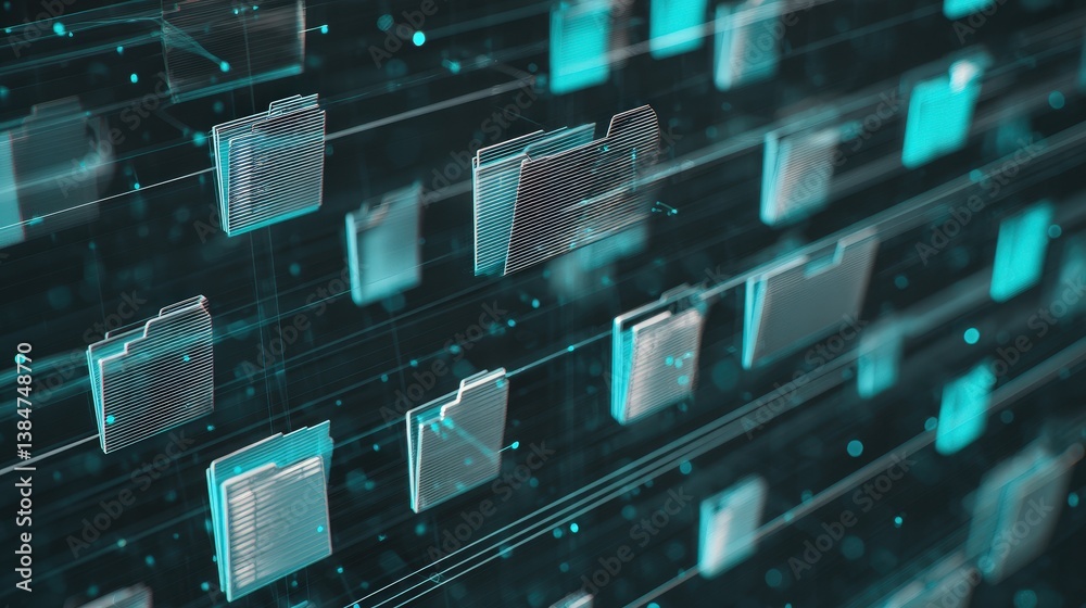 Poster abstract network grid with files and folders, futuristic software interface, digital document manage