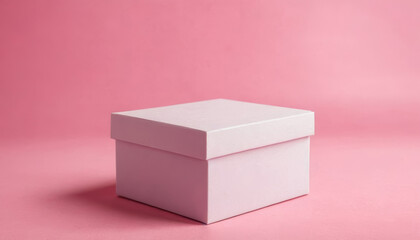Single, white gift box on a pink backdrop. Premium photo mockup for elegant and clean cardboard box product.