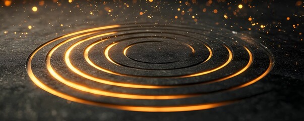 Obraz premium Sound 3D vibration concept Shimmering concentric circles with a golden glow on a textured surface.