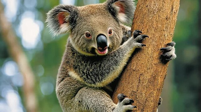 A charming koala clinging to a eucalyptus tree, smiling at the viewer.