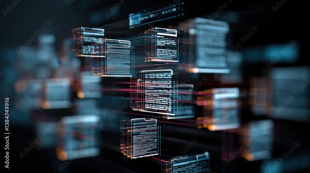 Poster abstract network grid with files and folders, futuristic software interface, digital document manage