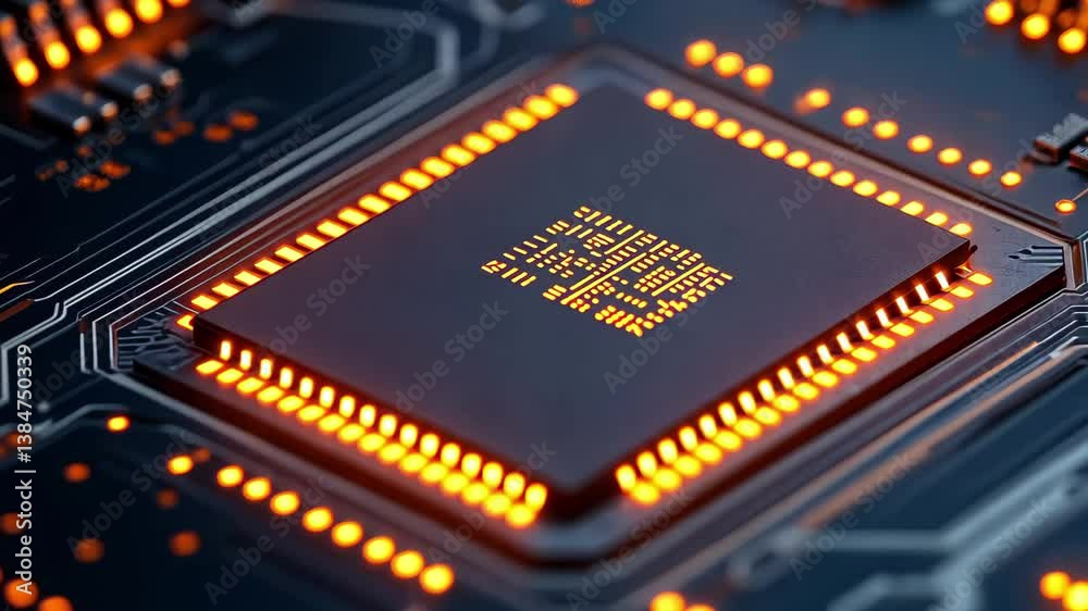 Poster closeup view of a circuit board showcasing an illuminated processor chip with intricate details and 