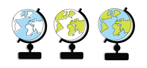 set of globe earth with world map blue water and continents collection vector illustration,  globe symbol sign, element, Earth Globe One continuous line drawing, Earth Day, globe outline line art