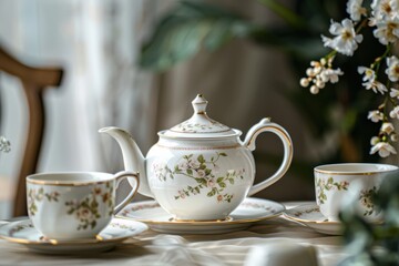 Elegant tea setting with floral porcelain teapot and cups on a lace tablecloth