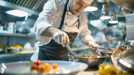 A chef preparing gourmet food in a Franschhoek restaurant kitchen. stock photo --ar 16:9 --style raw --v 6 Job ID: f38e3b75-d77d-466f-a8f1-dfc9c30bf01d