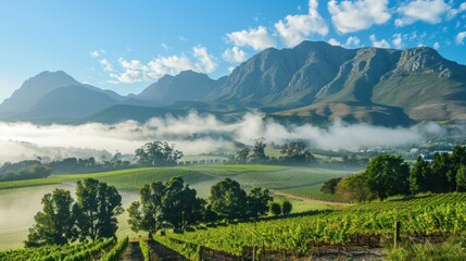 A peaceful morning in Franschhoek with the mist rising over the vineyards. stock photo --ar 16:9 --style raw --v 6 Job ID: 71dfca44-a834-4fb5-ba10-172a9460e325