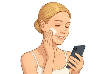 Young woman applying skincare while checking her phone indoors