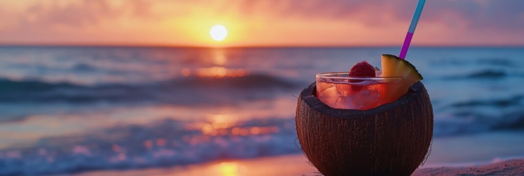 Refreshing coconut cocktail at sunset beach with tropical fruit garnish