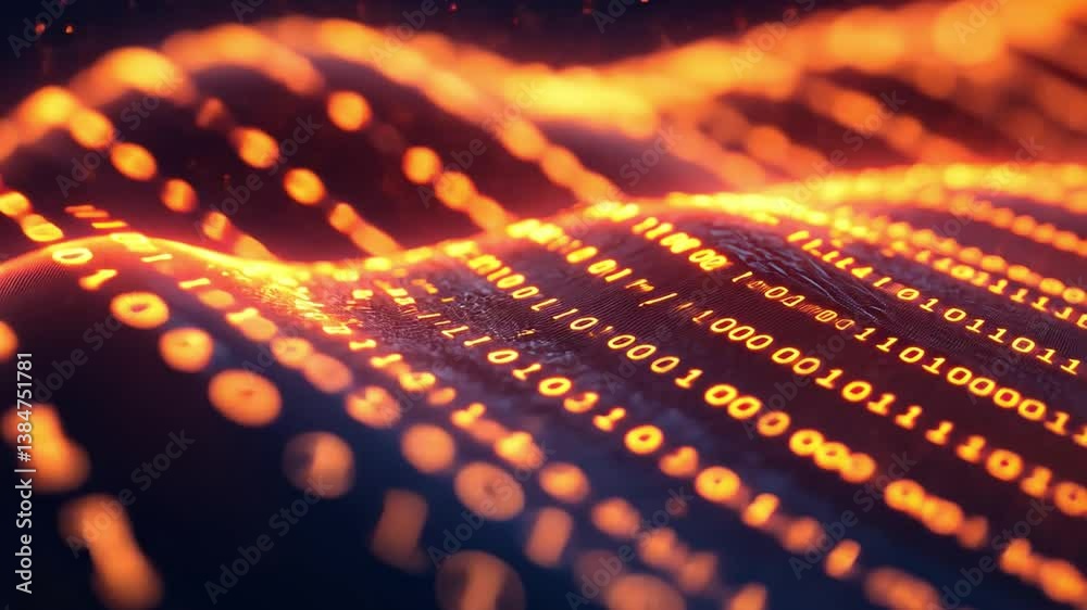 Poster digital flow: an abstract, data-driven landscape of glowing binary code, undulating across the visua