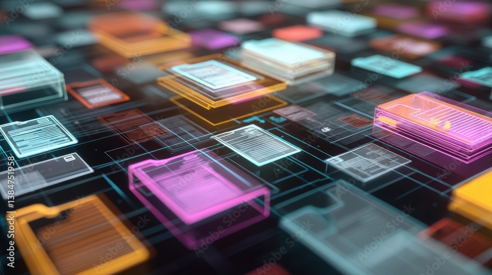 Poster abstract network grid with files and folders, futuristic software interface, digital document manage