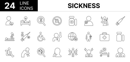 Collection of 24 Sickness line icons featuring editable strokes. These outline icons depict various modes of Sickness, disease, disability, inflammation, injury, mask, medication, medicine, pain, pati
