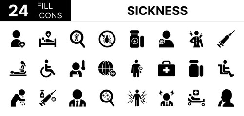 Collection of 24 Sickness fill icons featuring editable strokes. These outline icons depict various modes of Sickness, disease, disability, inflammation, injury, mask, medication, medicine, pain, pati