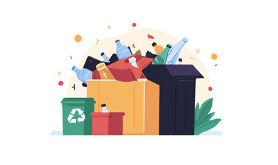 Minimalist Trash and Recycling Bins Overflowing with Bottles - Environmental Awareness Concept
