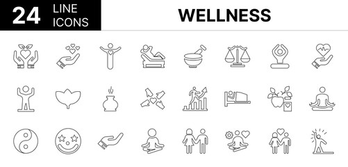 Collection of 24 Wellness line icons featuring editable strokes. These outline icons depict various modes of Wellness, balance, exercise, goal, growth, management, 