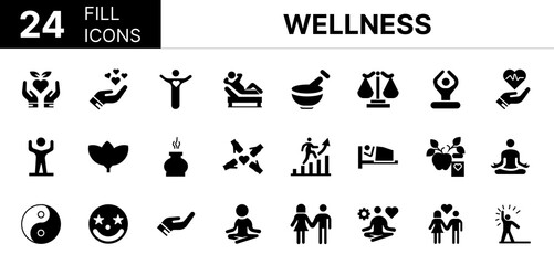 Collection of 24 Wellness fill icons featuring editable strokes. These outline icons depict various modes of Wellness, balance, exercise, goal, growth, management, 
