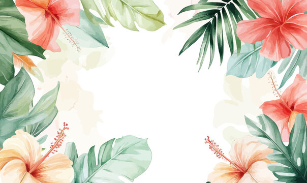 Tropical Watercolor Banner with Hibiscus and Leaves in Minimalist Style for Summer Themes