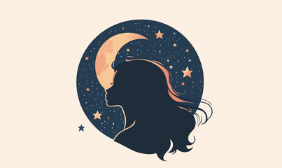 Silhouette of Woman with Moon and Stars in Minimalist Vector T-shirt Design SVG