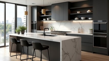 A modern kitchen with dark cabinets and a large island with marble countertops and black stools