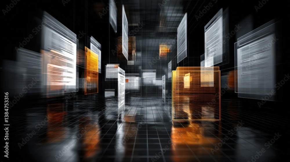 Poster abstract network grid with files and folders, futuristic software interface, digital document manage