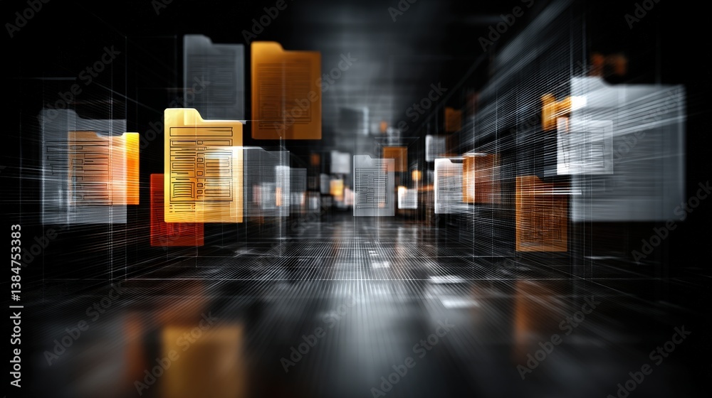 Poster abstract network grid with files and folders, futuristic software interface, digital document manage