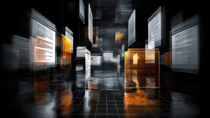 Abstract network grid with files and folders, futuristic software interface, digital document management system, store, search and organize documents, corporate business, paperless office	

