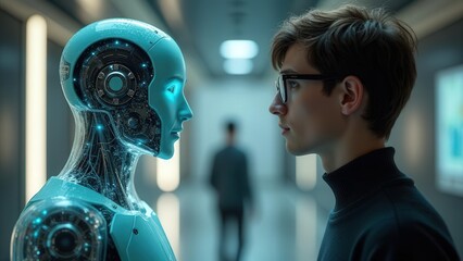 A man with glasses facing a light blue robot in a futuristic hallway with another person walking by