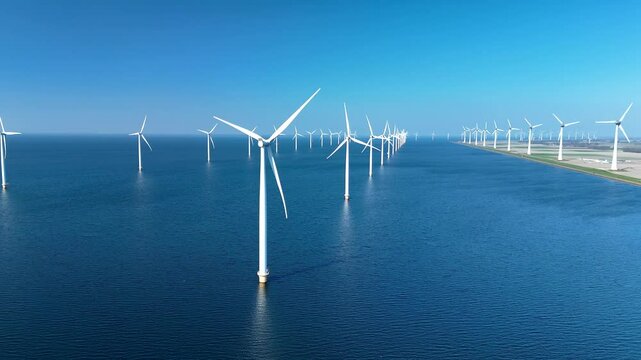 Dramatic aerial view of an offshore wind farm in the North Sea near the Netherlands. Rows of towering wind turbines harnessing wind energy on clear sunny days promote eco-friendly power solutions.