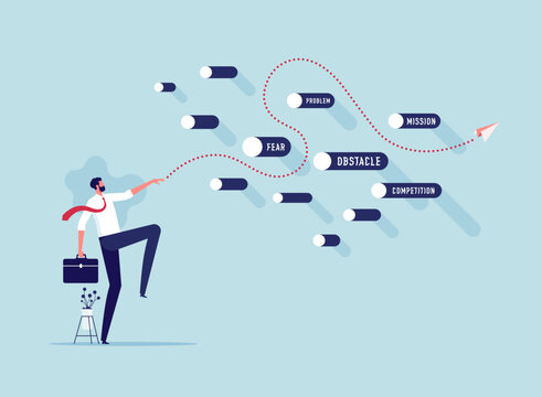 Business solutions and the way to success, businessman throw paper plane passes through the obstacles, overcoming the barriers