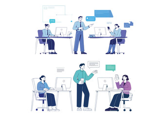 Office team engaging in digital communication and collaboration vector illustration