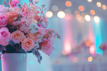 Elegant floral arrangement in pastel colors at a beautifully decorated event venue