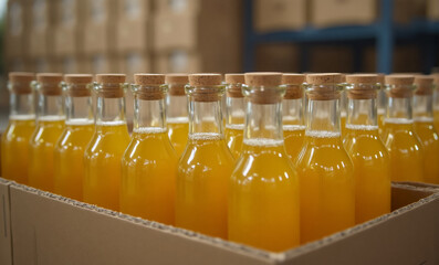 Bottled orange juice in a cardboard box, ready for distribution and sale in a store.