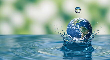 Earth Globe Dropping Into Water Forming Splash Over Green Background Illustrative Photo