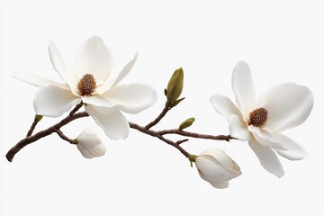 Obraz premium Delicate Magnolia Branch Adorned With Pristine Blooms on a White Backdrop. Generative AI