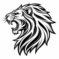 Fototapeta premium lion head vector illustration, Roaring Tribal Lion Head Vector Art – Bold Black Tattoo Design