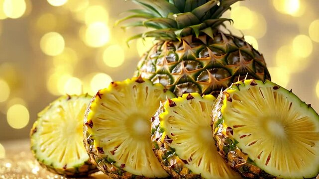 Fresh pineapple with vibrant slices on a sunny golden background showcasing tropical delight, Fresh pineapple and slices on sunny, golden background with bokeh effect