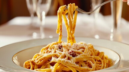 Golden Pasta Dish with Grated Cheese and Champagne Flutes