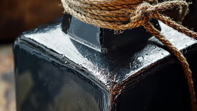 Sealed black bottle with rope detail resting on rustic wooden surface in natural light, Closeup of sealed black bottle with rope on wood