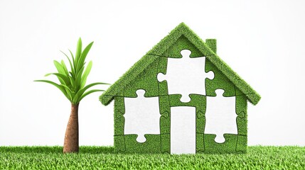 Green House Puzzle Pieces on Grass with Palm Tree