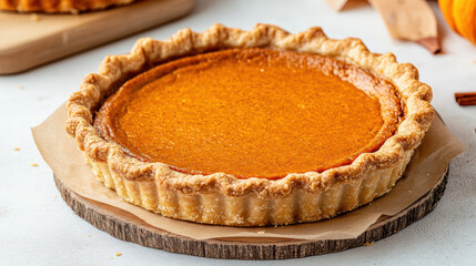 Delicious pumpkin pie with golden crust, perfect for autumn celebrations