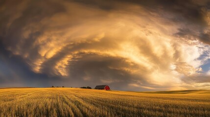 Fototapeta premium Expansive Wheat Field Under Dramatic Cloudy Sky at Sunset