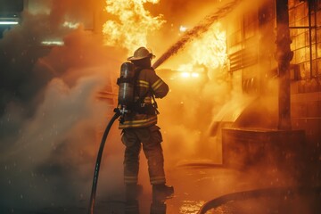 Firefighter battling intense flames at night in an urban area