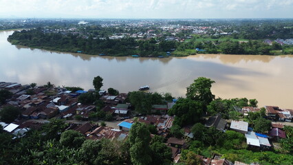 Aerial view of the city with many buildings and housing