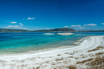 Salda Lake, Burdur, Turkey. View of Salda Lake under the blue sky with white sand and clear water. Turquoise lansdscape