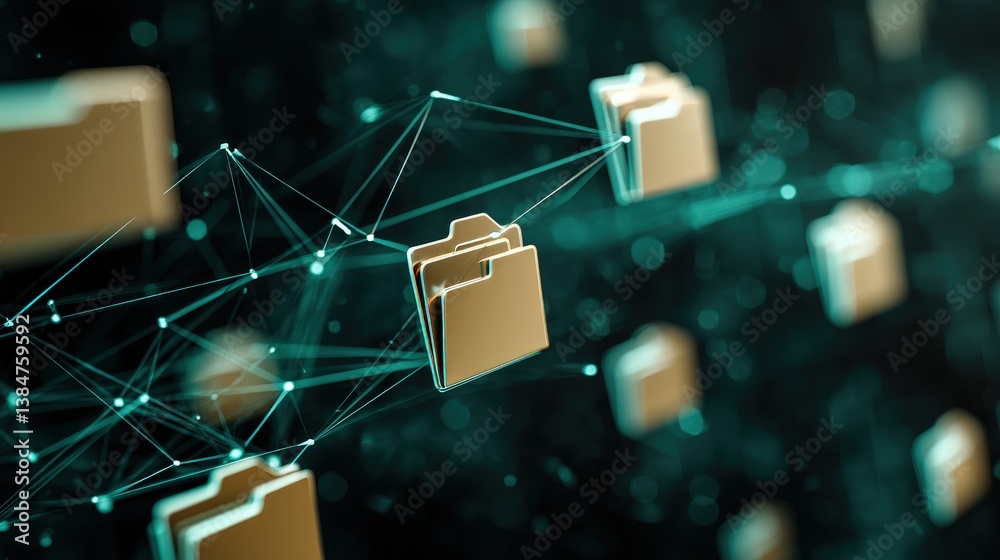 Poster abstract network grid with files and folders, futuristic software interface, digital document manage